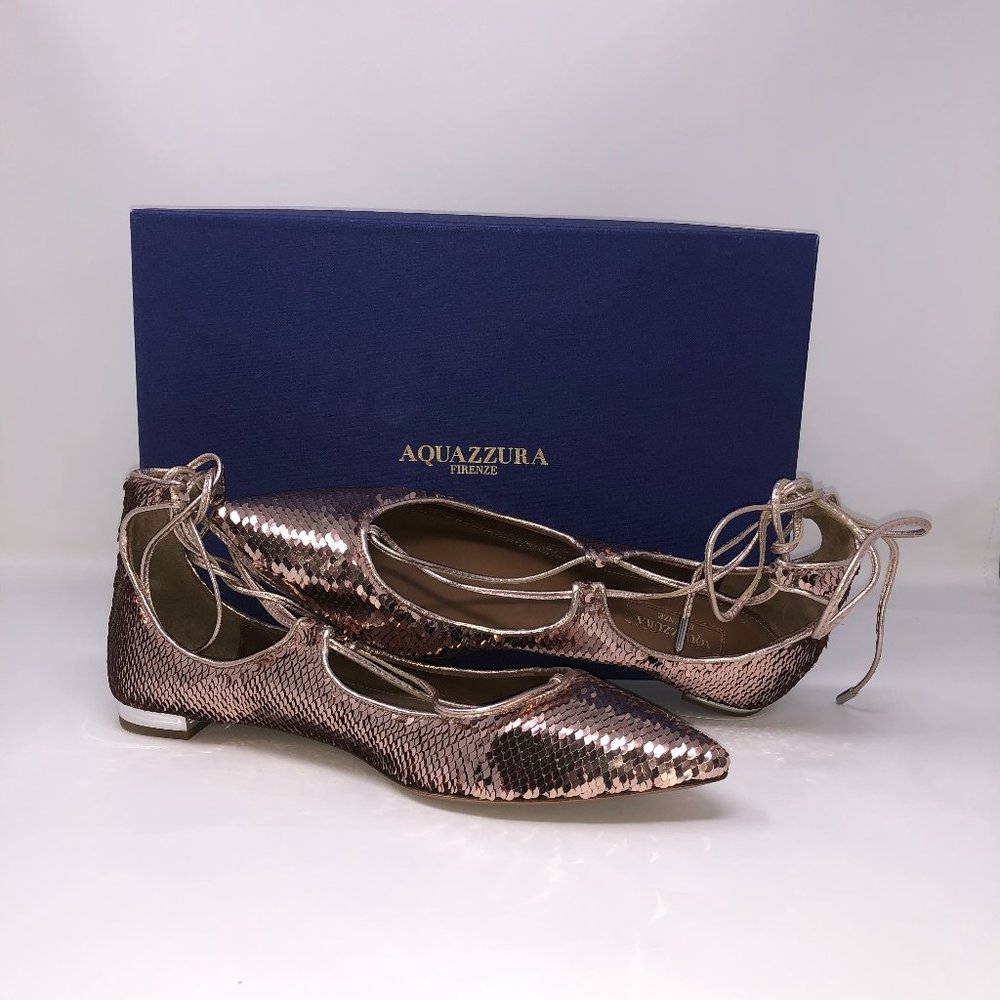 NIB Aquazurra Christy Sequin Flats Biscotto Gold Metallic Lace Up Size 37 7